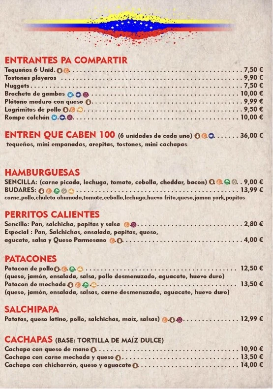 Carta de Budare's, página 1: entrantes, hamburguesas, perritos, patacones, salchipapa y cachapas con precios